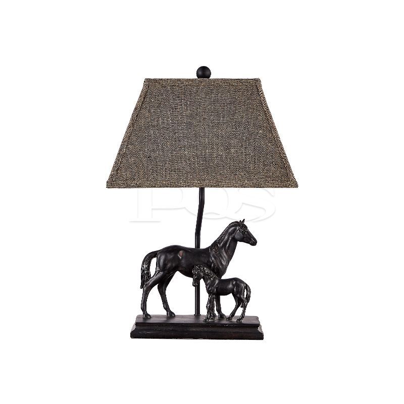 Horse statues Brown Fabric Shade Table Lamp with Poly-resin Base