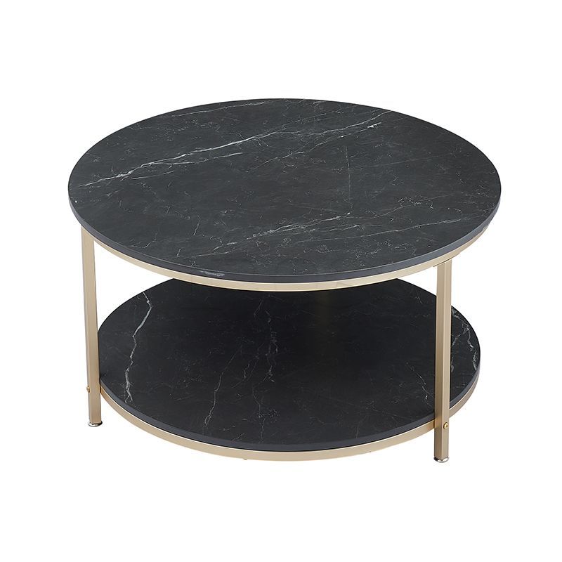 Traditional Double-layer Black Marble Coffee Table with Champagne Gold Legs