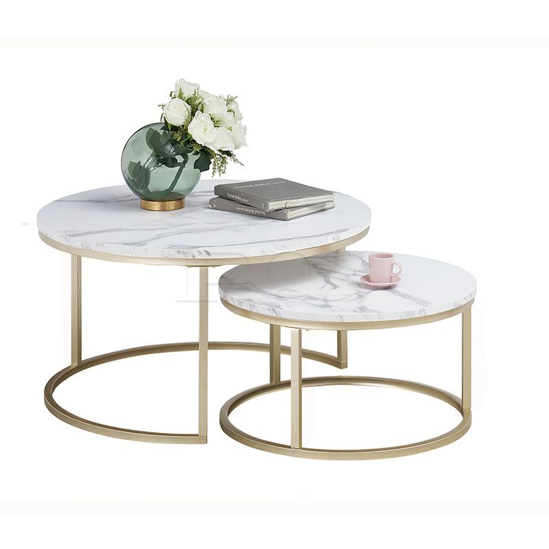 Modern Dual Gold White Marble Coffee Table Round Mini with Colored Furnish and Storage-capable Table