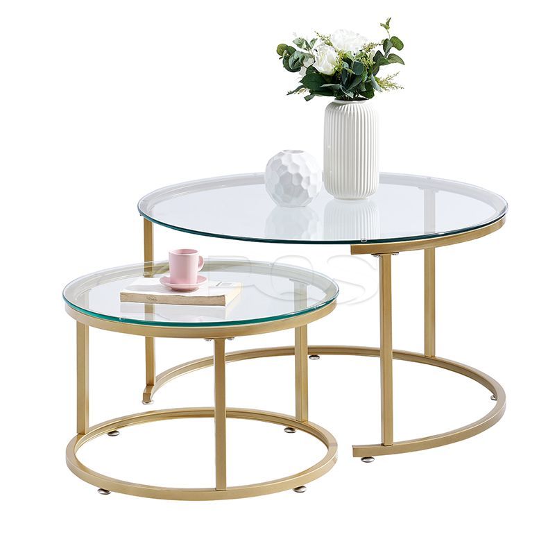 Modern Twin Gold with Glass Coffee Table Round Mini with Colored Furnish and Storage-capable Table