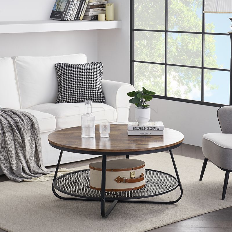 Modern Round Caramel Coffee Table with Wooden Scales Apertured Tray