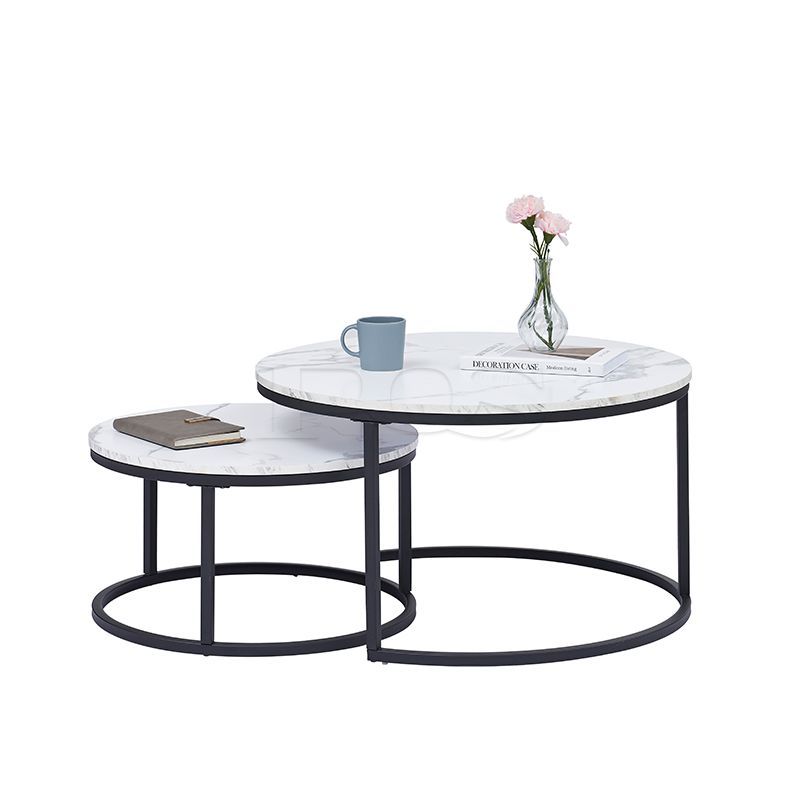 Modern 2-set Black with White Marble Coffee Table Round Mini with Colored Furnish and Storage-capable Table