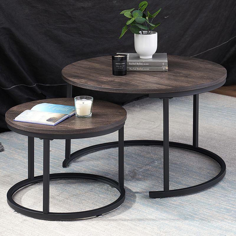 Modern Dual Coffee Table Dark Brown Circular Mini Storage Capable Table for Home