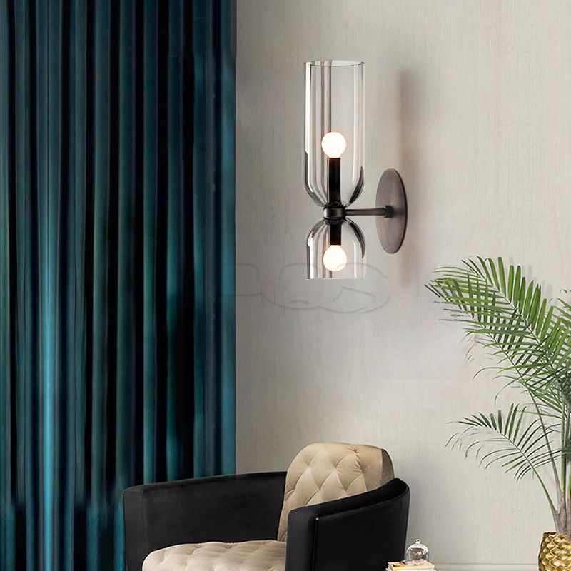 Twin Cups Glass Transparent  2-holder Wall Lamp with Shade