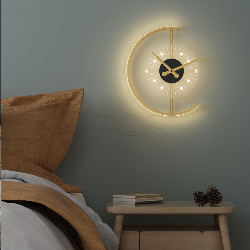 Modern Gold Furnish Semi-circle Frame Wall Lamp with Clock