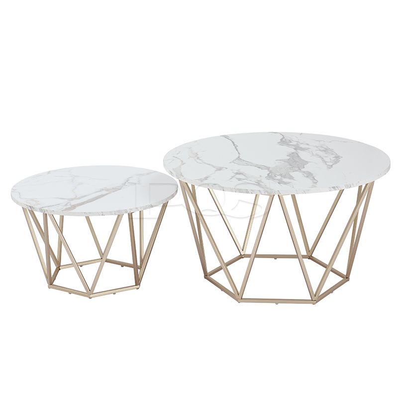 Modern 2-set Hexagon Coffee Table with White Marble and Golden Legs