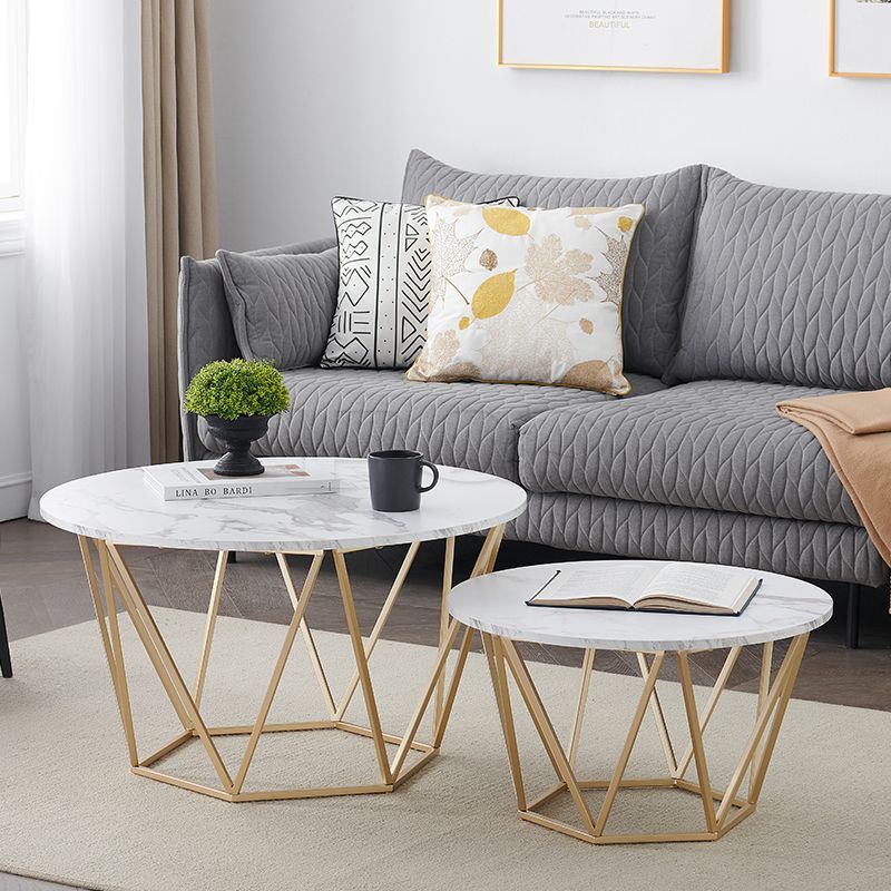 Modern 2-set Hexagon Coffee Table with White Marble and Golden Legs