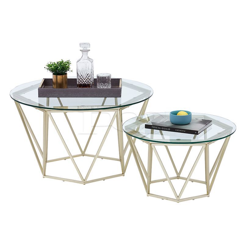 Contemporary Twin Hexagon Glass Coffee Tables with Golden Finish
