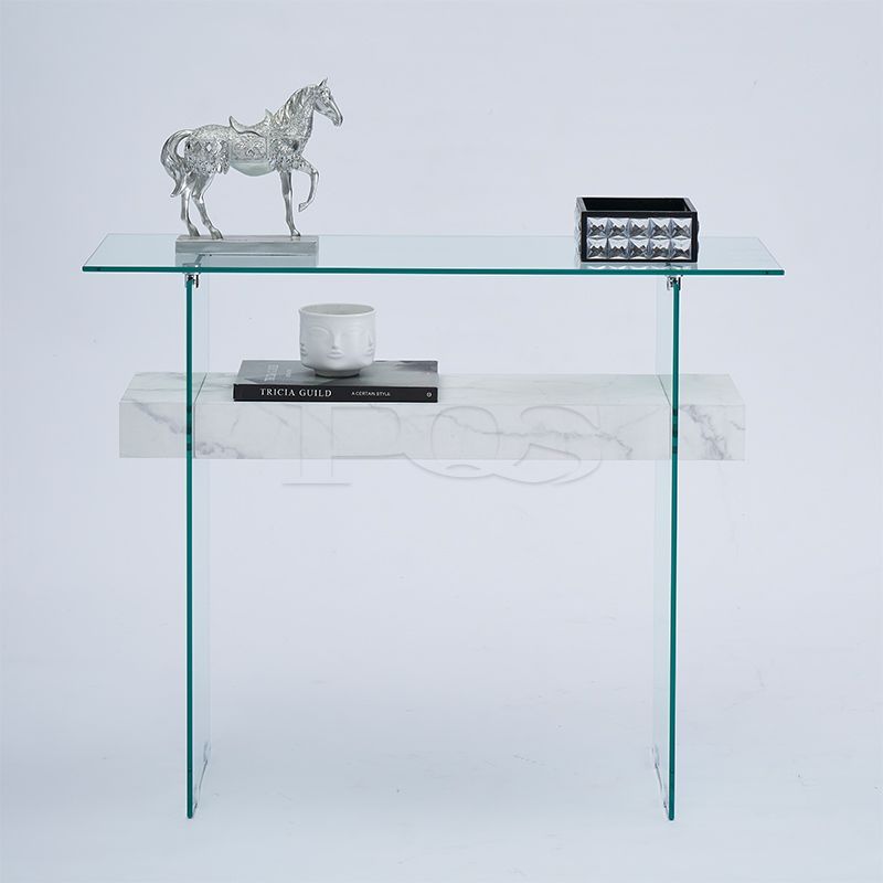 Concise Modern 2-layer Glass & White Marble Table