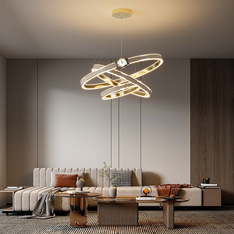 Triple Illuminating Hanging Rings Ceiling Light Fixture with MIni Clock 3 irregularly overlapped rings