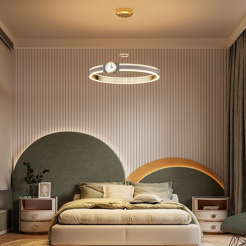 One Illuminating Hanging Rings, Ceiling Light Fixture with MIni Clock