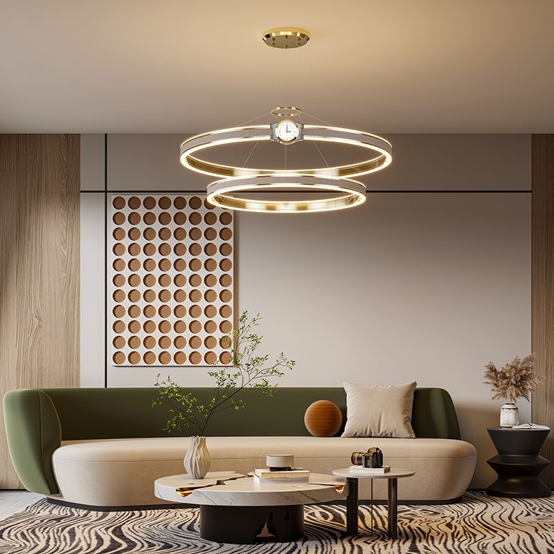 Modern Parallel 2 LED Silver Rings Pendant Ceiling Light Fixture with Clock
