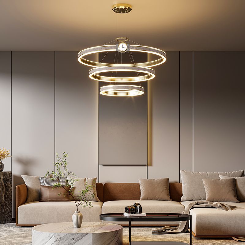 Modern Parallel 3 LED Silver Rings Pendant Ceiling Light Fixture with Clock