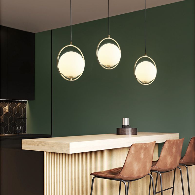 Golden Ring Moon Halo Decorative Concise Pendant Light with Milky White Spherical Lamp Shade