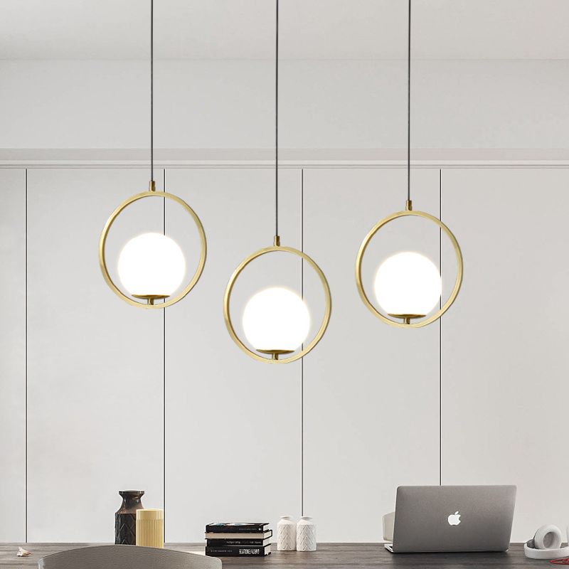 Golden Ring Moon Halo Decorative Concise Pendant Light with Milky White Spherical Lamp Shade