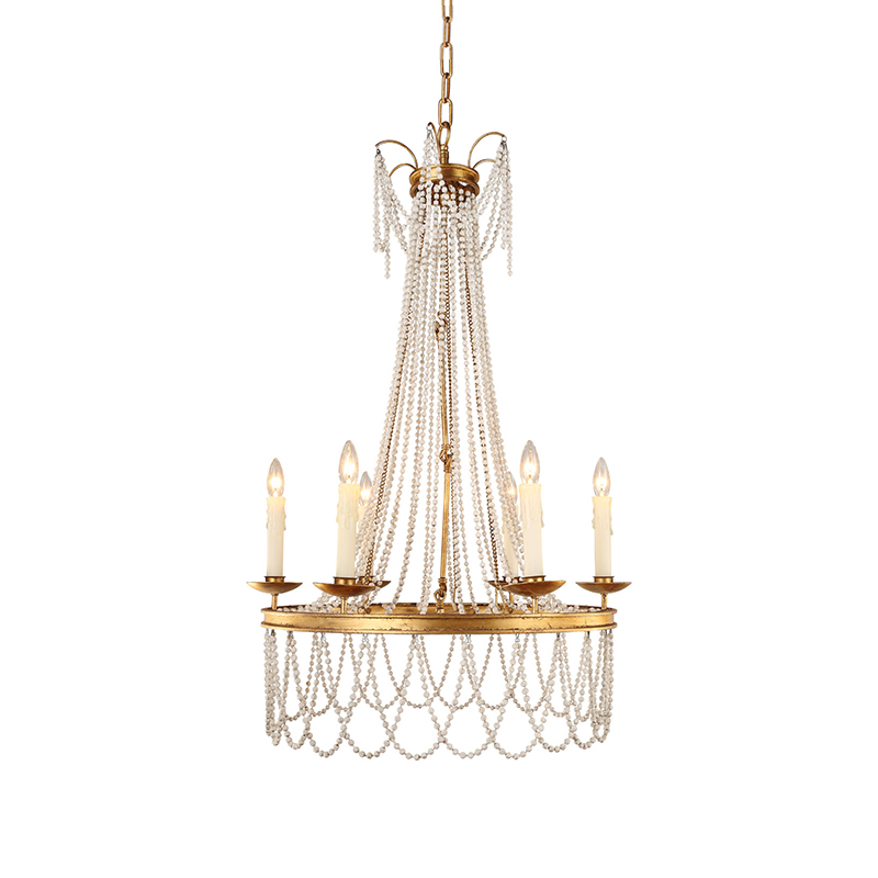 Modern Golden Halo Chandelier with Beads and Candlestick Holders